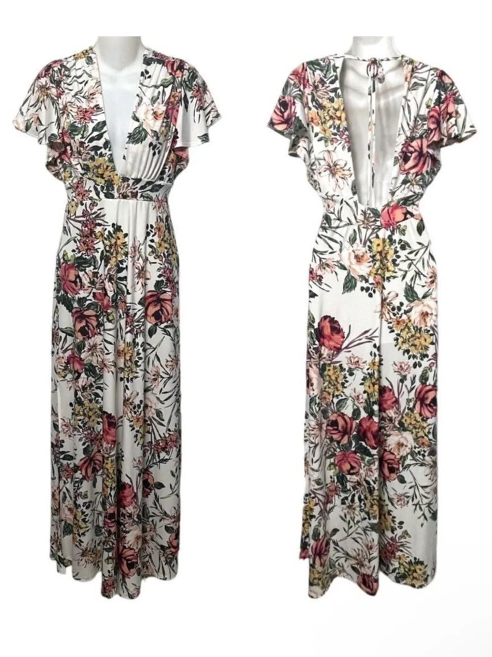 VERONICA M Stretch Floral Flutter Sleeve Maxi Dress S